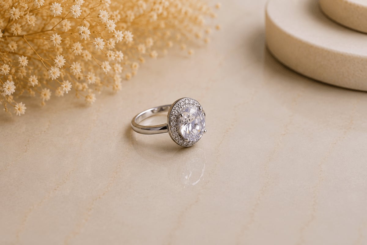 Oval CZ Halo Solitaire Ring